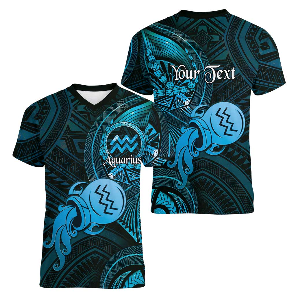 Personalised Polynesia Zodiac Aquarius Women V-Neck T-Shirt Galaxy Polynesian Pattern Chest Tattoo Style