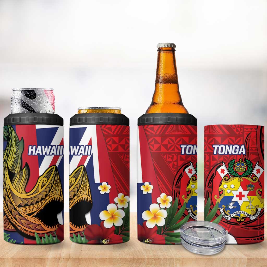 Hawaii And Tonga 4 in 1 Can Cooler Tumbler Shark Tattoo With Tongan Coat Of Arms