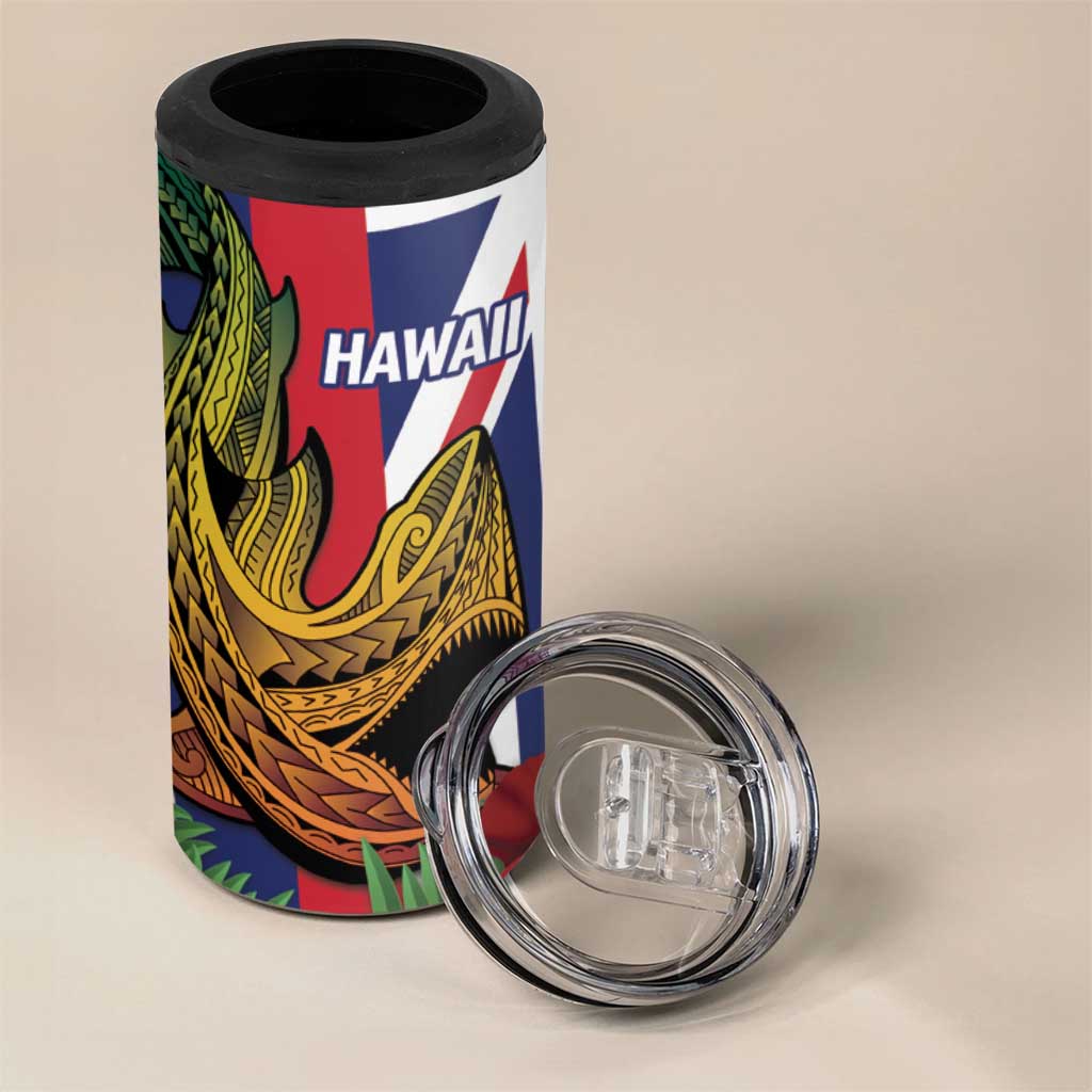 Hawaii And Tonga 4 in 1 Can Cooler Tumbler Shark Tattoo With Tongan Coat Of Arms