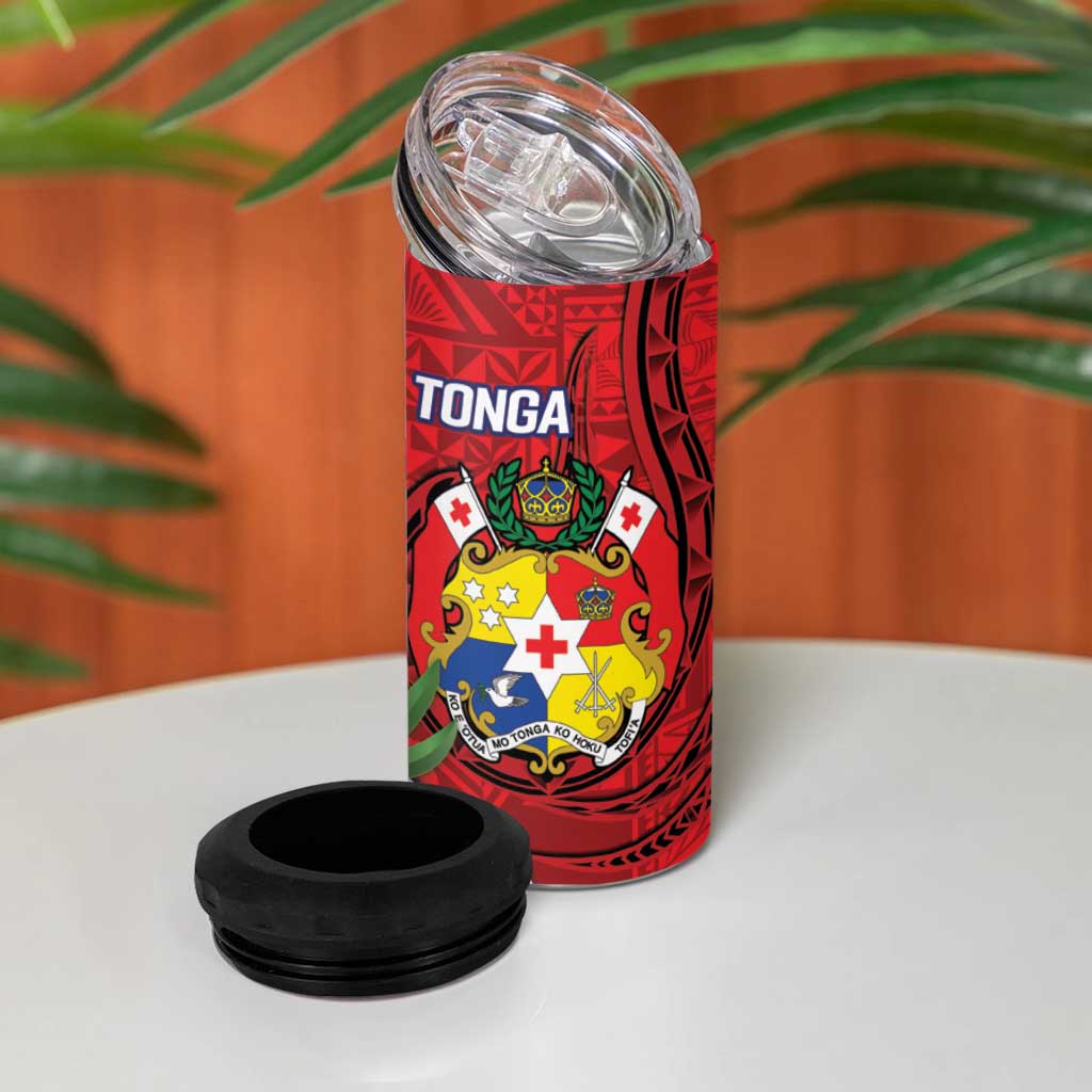 Hawaii And Tonga 4 in 1 Can Cooler Tumbler Shark Tattoo With Tongan Coat Of Arms
