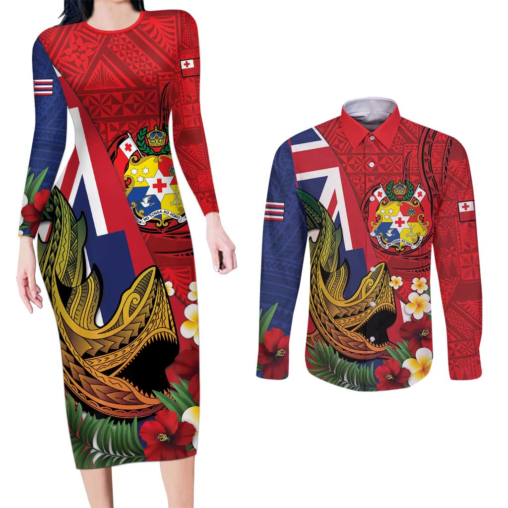 Hawaii And Tonga Couples Matching Long Sleeve Bodycon Dress and Long Sleeve Button Shirt Shark Tattoo With Tongan Coat Of Arms