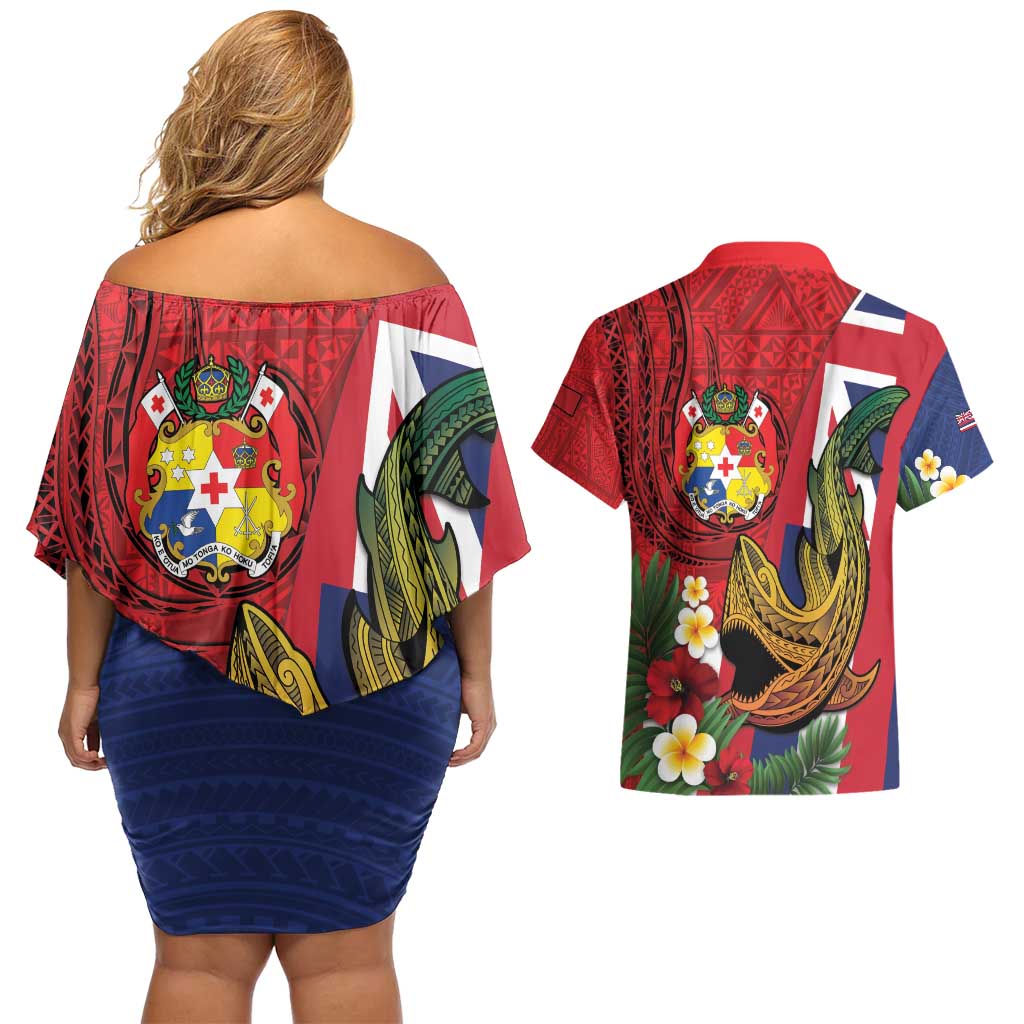 Hawaii And Tonga Couples Matching Off Shoulder Short Dress and Hawaiian Shirt Shark Tattoo With Tongan Coat Of Arms