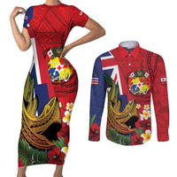 Hawaii And Tonga Couples Matching Short Sleeve Bodycon Dress and Long Sleeve Button Shirt Shark Tattoo With Tongan Coat Of Arms