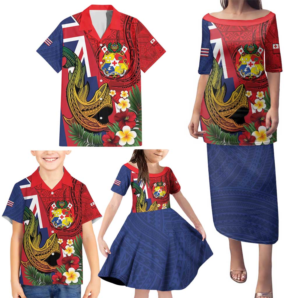 Hawaii And Tonga Family Matching Puletasi and Hawaiian Shirt Shark Tattoo With Tongan Coat Of Arms LT14 - Polynesian Pride