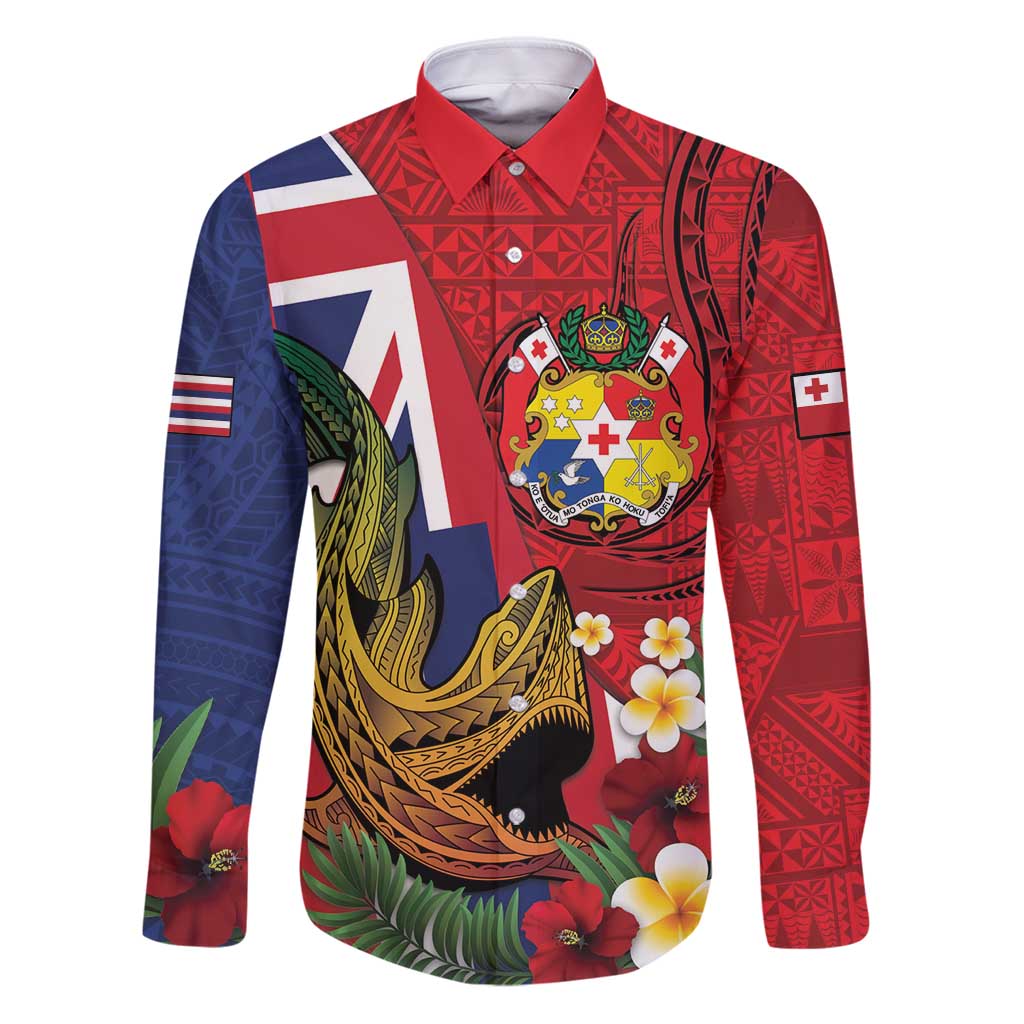 Hawaii And Tonga Family Matching Puletasi and Hawaiian Shirt Shark Tattoo With Tongan Coat Of Arms LT14 Dad's Shirt - Long Sleeve Red - Polynesian Pride