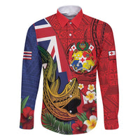Hawaii And Tonga Family Matching Puletasi and Hawaiian Shirt Shark Tattoo With Tongan Coat Of Arms LT14 Dad's Shirt - Long Sleeve Red - Polynesian Pride