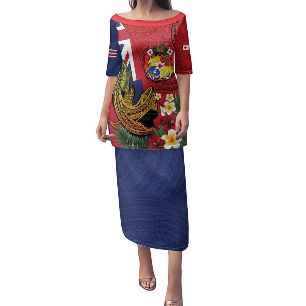 Hawaii And Tonga Family Matching Puletasi and Hawaiian Shirt Shark Tattoo With Tongan Coat Of Arms LT14 Mom's Dress Red - Polynesian Pride
