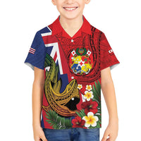 Hawaii And Tonga Family Matching Puletasi and Hawaiian Shirt Shark Tattoo With Tongan Coat Of Arms LT14 Son's Shirt Red - Polynesian Pride