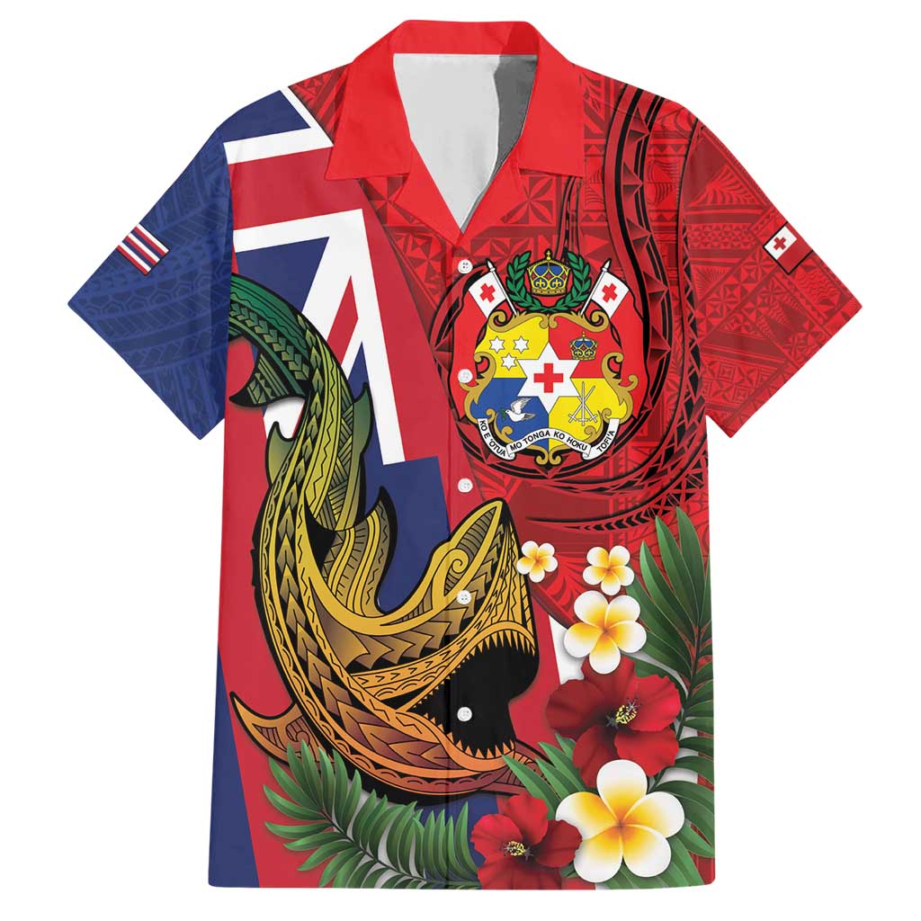 Hawaii And Tonga Family Matching Short Sleeve Bodycon Dress and Hawaiian Shirt Shark Tattoo With Tongan Coat Of Arms