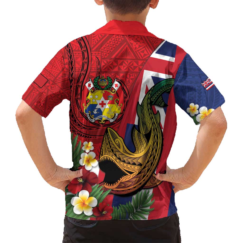 Hawaii And Tonga Family Matching Tank Maxi Dress and Hawaiian Shirt Shark Tattoo With Tongan Coat Of Arms