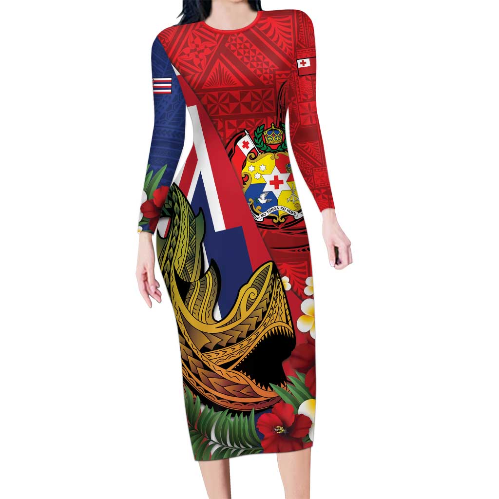 Hawaii And Tonga Long Sleeve Bodycon Dress Shark Tattoo With Tongan Coat Of Arms