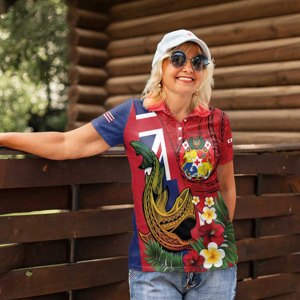 Hawaii And Tonga Women Polo Shirt Shark Tattoo With Tongan Coat Of Arms LT14 - Polynesian Pride