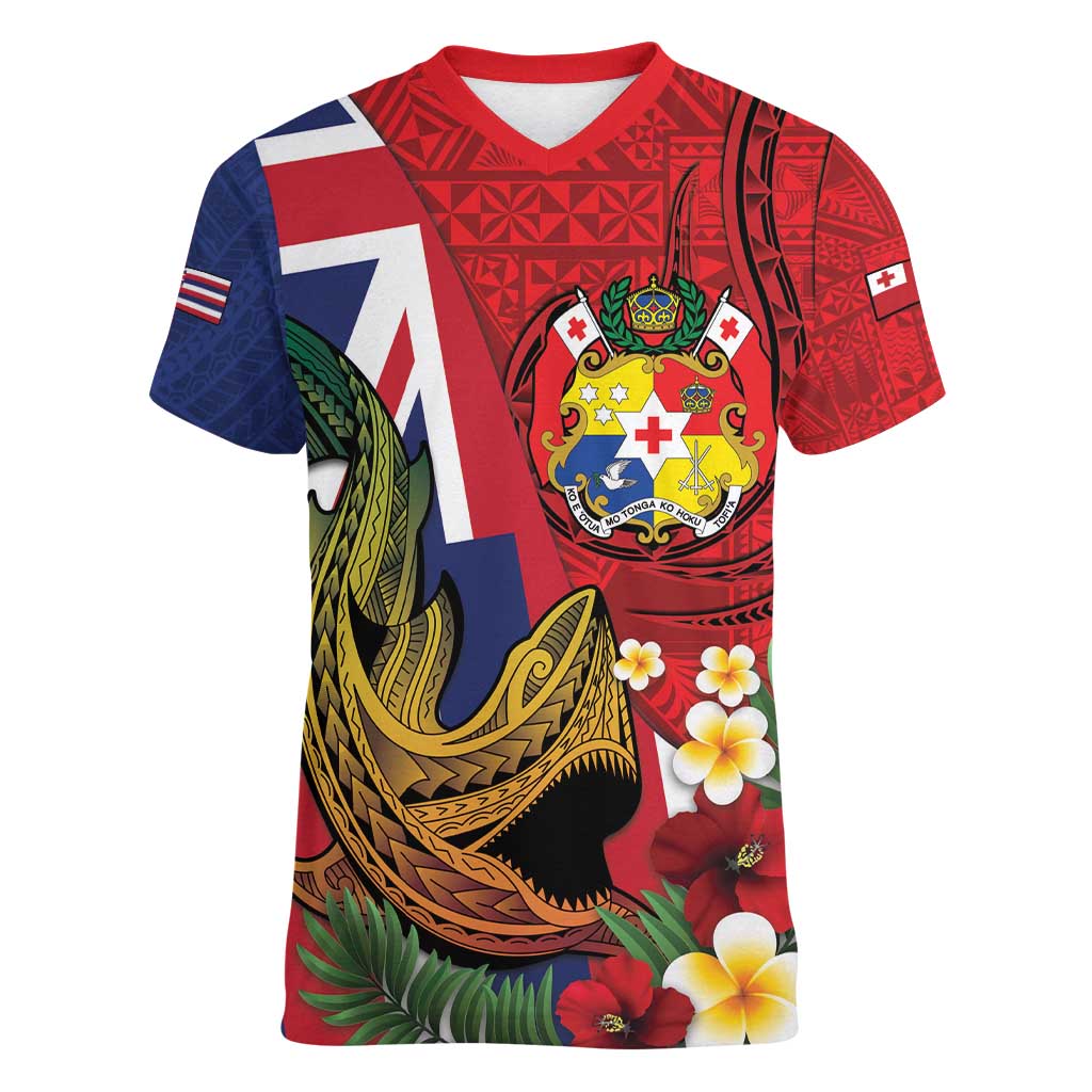Hawaii And Tonga Women V-Neck T-Shirt Shark Tattoo With Tongan Coat Of Arms LT14 Female Red - Polynesian Pride