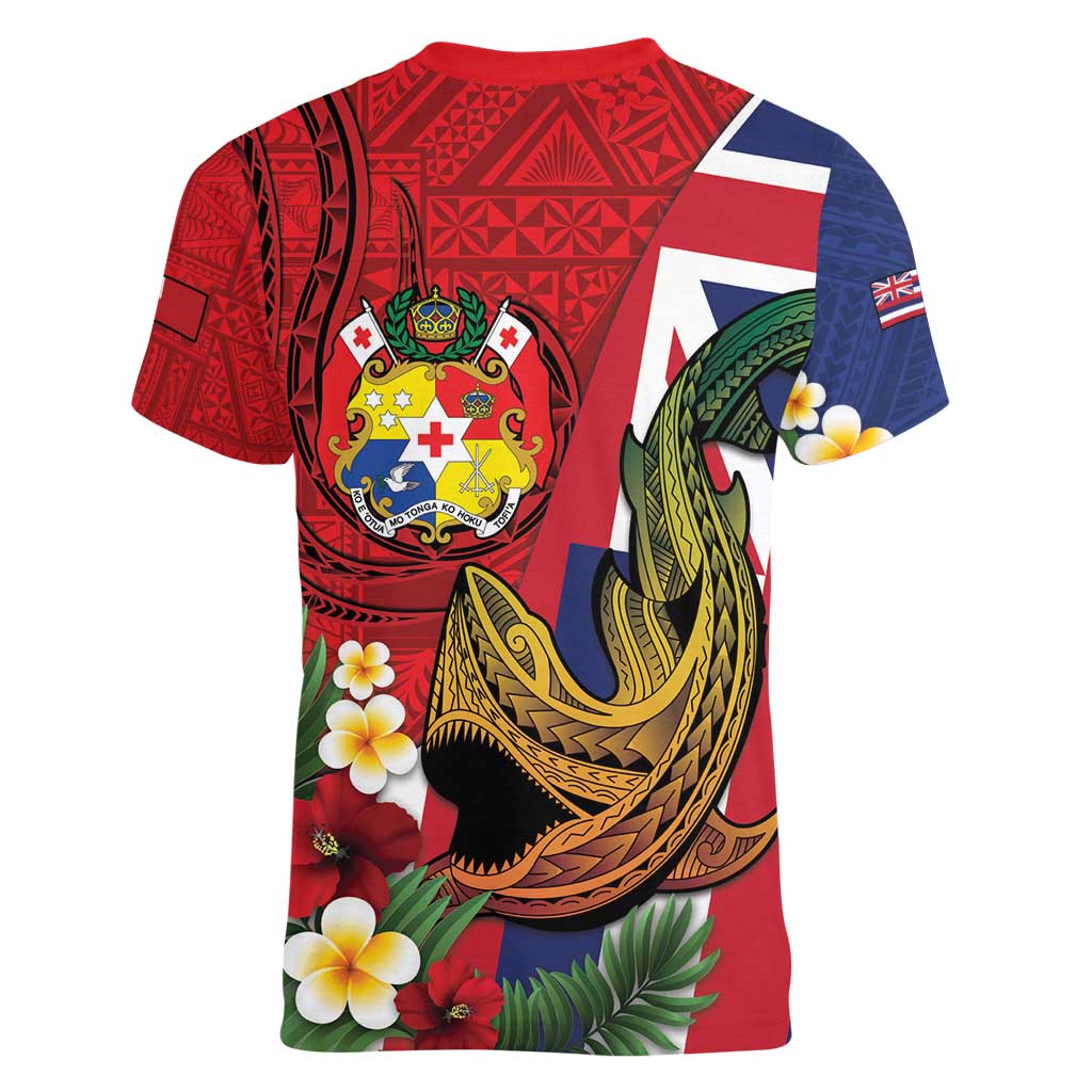 Hawaii And Tonga Women V-Neck T-Shirt Shark Tattoo With Tongan Coat Of Arms LT14 - Polynesian Pride