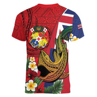 Hawaii And Tonga Women V-Neck T-Shirt Shark Tattoo With Tongan Coat Of Arms LT14 - Polynesian Pride