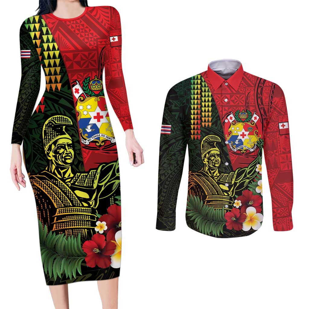 Hawaii And Tonga Couples Matching Long Sleeve Bodycon Dress and Long Sleeve Button Shirt King Kamehameha Tribal Ngatu Pattern