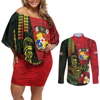 Hawaii And Tonga Couples Matching Off Shoulder Short Dress and Long Sleeve Button Shirt King Kamehameha Tribal Ngatu Pattern