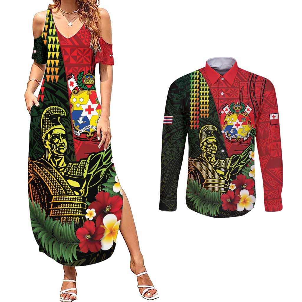 Hawaii And Tonga Couples Matching Summer Maxi Dress and Long Sleeve Button Shirt King Kamehameha Tribal Ngatu Pattern