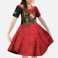 Hawaii And Tonga Family Matching Long Sleeve Bodycon Dress and Hawaiian Shirt King Kamehameha Tribal Ngatu Pattern LT14 Daughter's Dress Red - Polynesian Pride