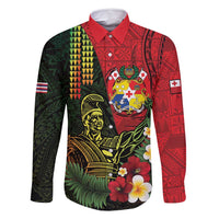 Hawaii And Tonga Family Matching Long Sleeve Bodycon Dress and Hawaiian Shirt King Kamehameha Tribal Ngatu Pattern LT14 Dad's Shirt - Long Sleeve Red - Polynesian Pride