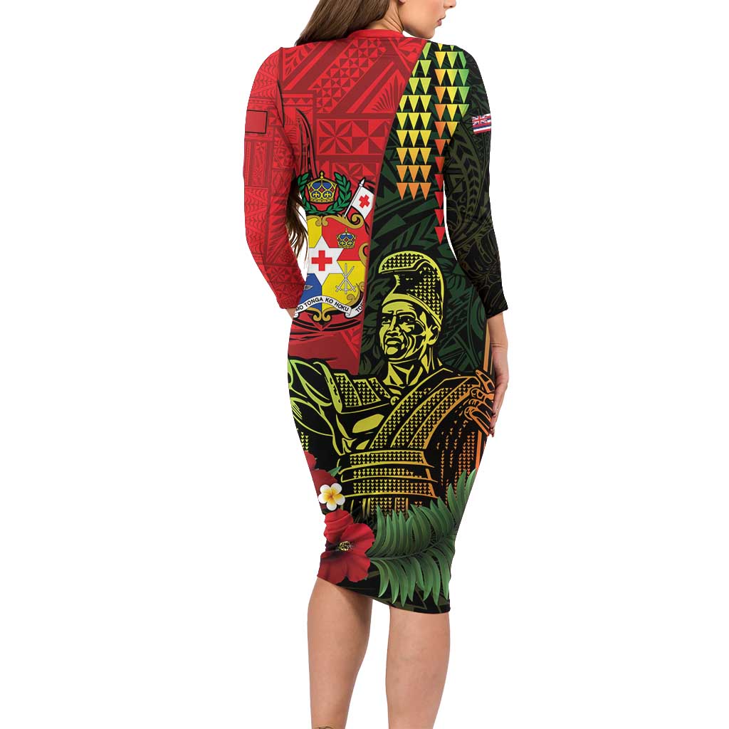 Hawaii And Tonga Family Matching Long Sleeve Bodycon Dress and Hawaiian Shirt King Kamehameha Tribal Ngatu Pattern LT14 - Polynesian Pride