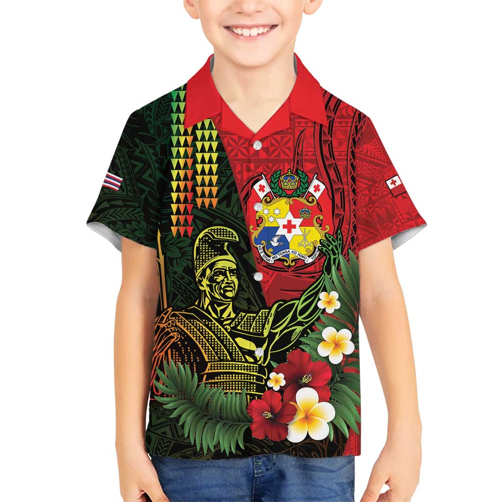 Hawaii And Tonga Family Matching Long Sleeve Bodycon Dress and Hawaiian Shirt King Kamehameha Tribal Ngatu Pattern LT14 Son's Shirt Red - Polynesian Pride