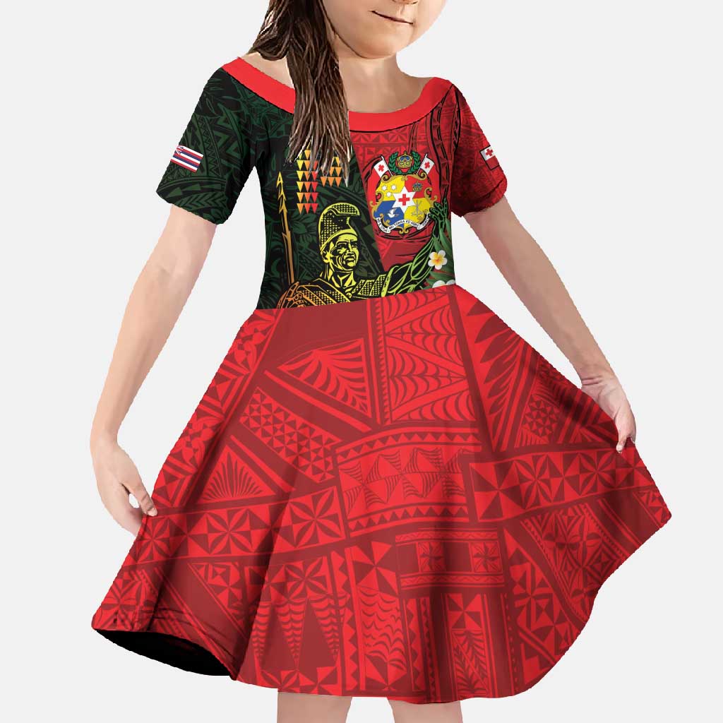Hawaii And Tonga Family Matching Mermaid Dress and Hawaiian Shirt King Kamehameha Tribal Ngatu Pattern LT14 Daughter's Dress Red - Polynesian Pride