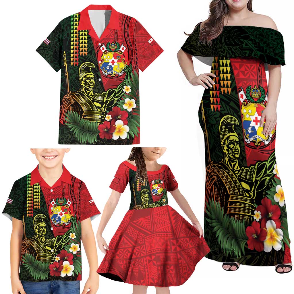Hawaii And Tonga Family Matching Off Shoulder Maxi Dress and Hawaiian Shirt King Kamehameha Tribal Ngatu Pattern