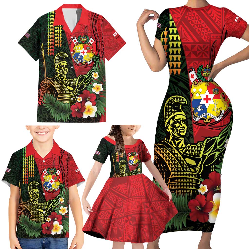 Hawaii And Tonga Family Matching Short Sleeve Bodycon Dress and Hawaiian Shirt King Kamehameha Tribal Ngatu Pattern