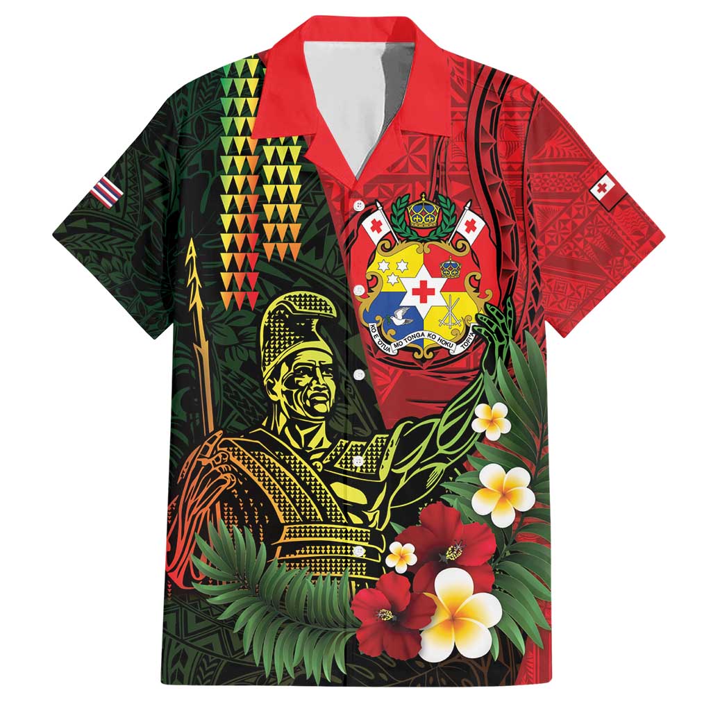 Hawaii And Tonga Family Matching Short Sleeve Bodycon Dress and Hawaiian Shirt King Kamehameha Tribal Ngatu Pattern LT14 Dad's Shirt - Short Sleeve Red - Polynesian Pride