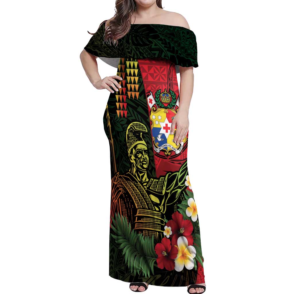 Hawaii And Tonga Off Shoulder Maxi Dress King Kamehameha Tribal Ngatu Pattern