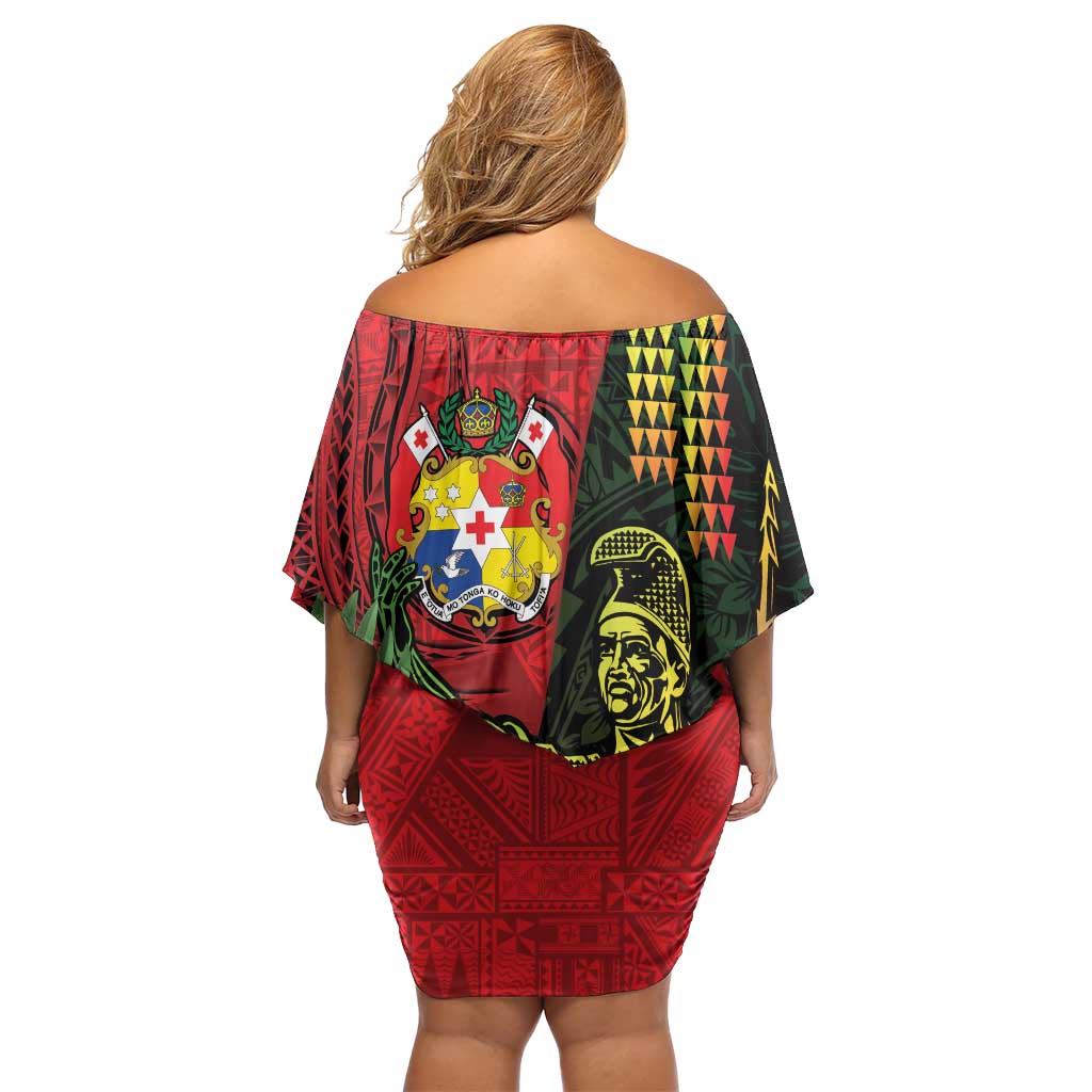 Hawaii And Tonga Off Shoulder Short Dress King Kamehameha Tribal Ngatu Pattern