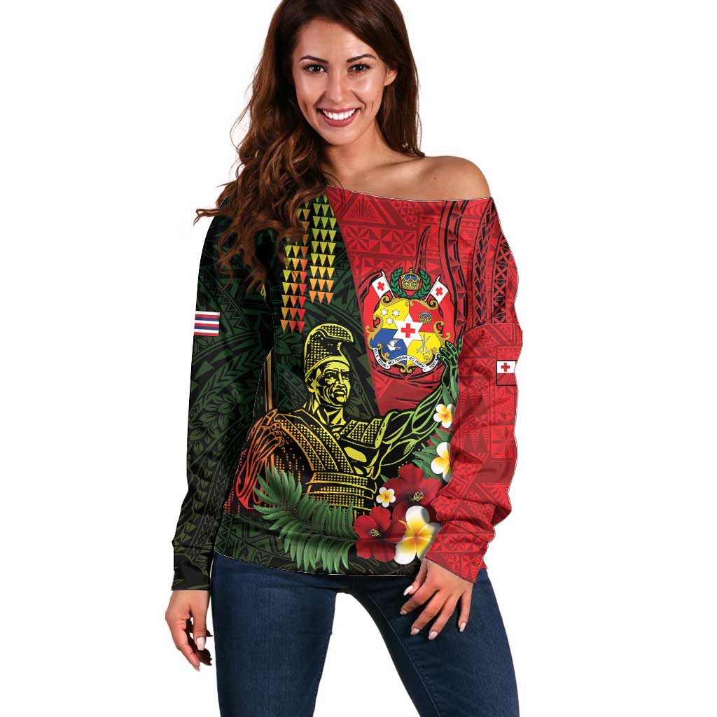 Hawaii And Tonga Off Shoulder Sweater King Kamehameha Tribal Ngatu Pattern