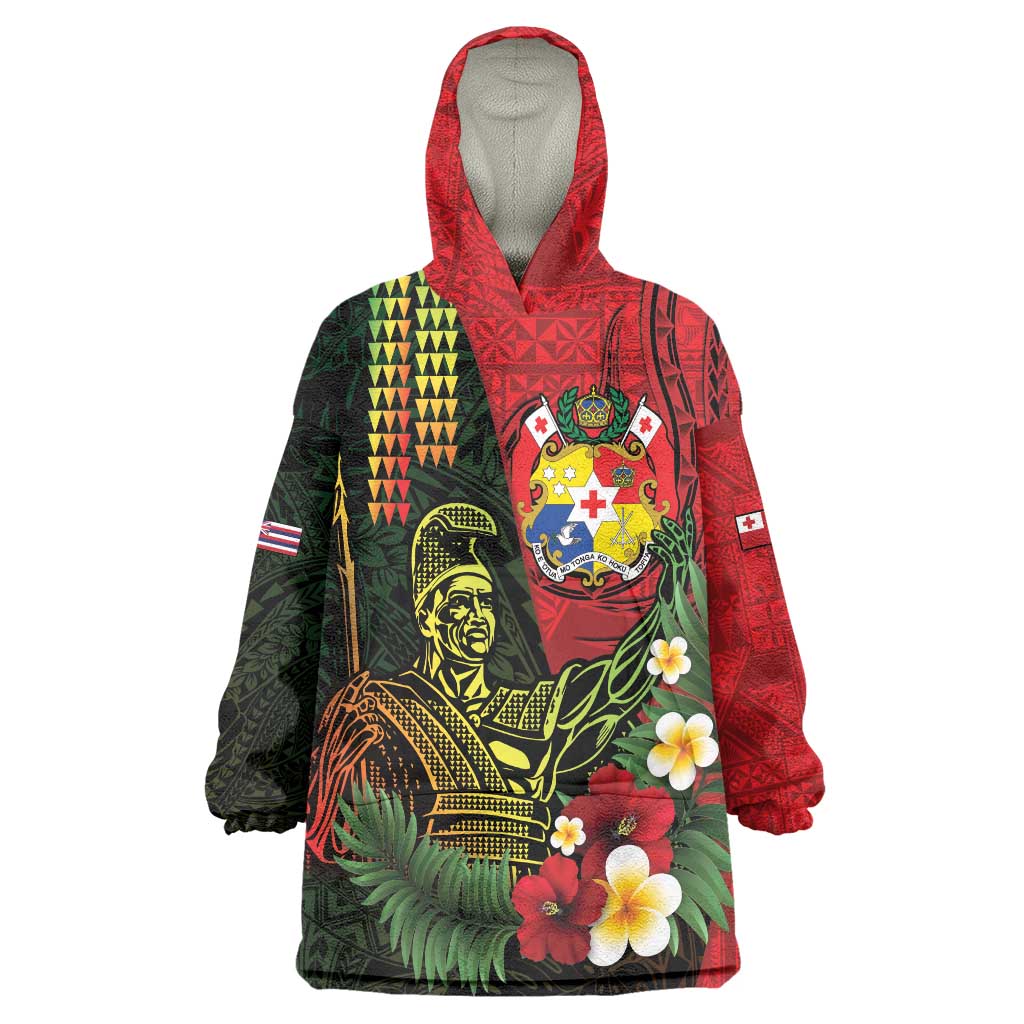 Hawaii And Tonga Wearable Blanket Hoodie King Kamehameha Tribal Ngatu Pattern