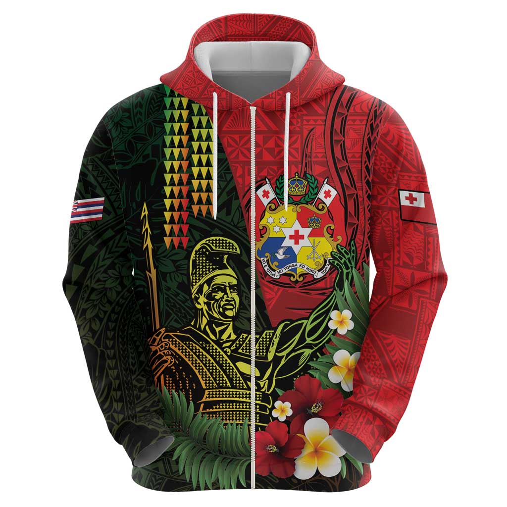 Hawaii And Tonga Zip Hoodie King Kamehameha Tribal Ngatu Pattern