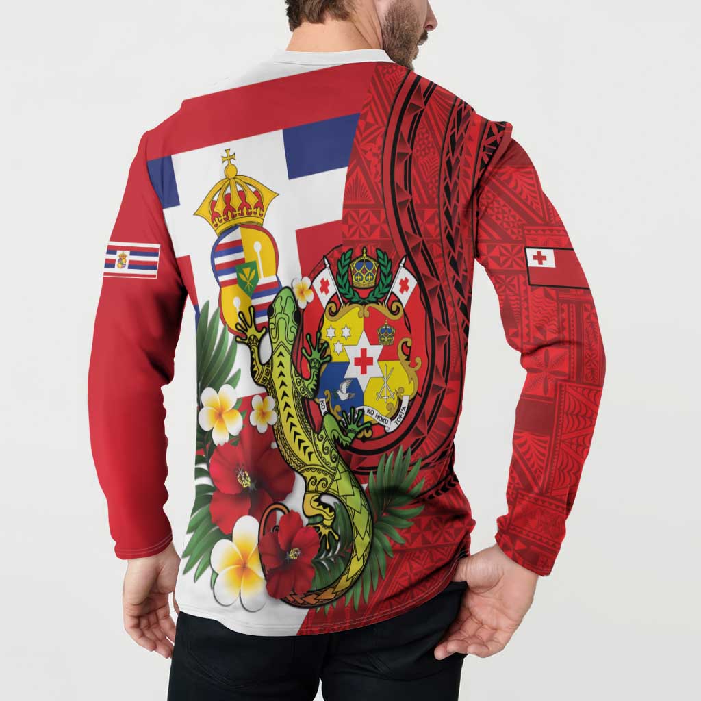 Hawaii And Tonga Button Sweatshirt King Kalakaua Tribal Gecko Tongan Ngatu LT14 - Polynesian Pride