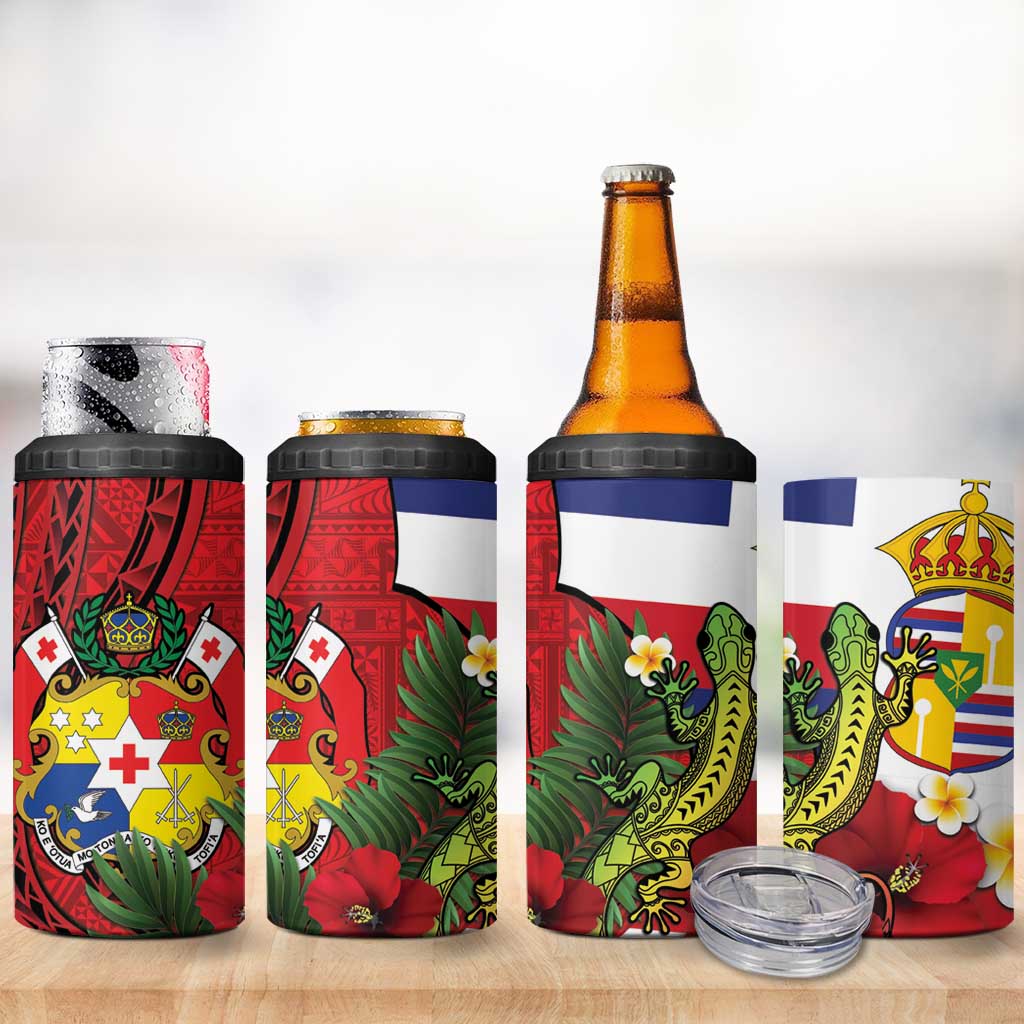 Hawaii And Tonga 4 in 1 Can Cooler Tumbler King Kalakaua Tribal Gecko Tongan Ngatu