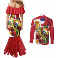 Hawaii And Tonga Couples Matching Mermaid Dress and Long Sleeve Button Shirt King Kalakaua Tribal Gecko Tongan Ngatu