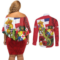 Hawaii And Tonga Couples Matching Off Shoulder Short Dress and Long Sleeve Button Shirt King Kalakaua Tribal Gecko Tongan Ngatu