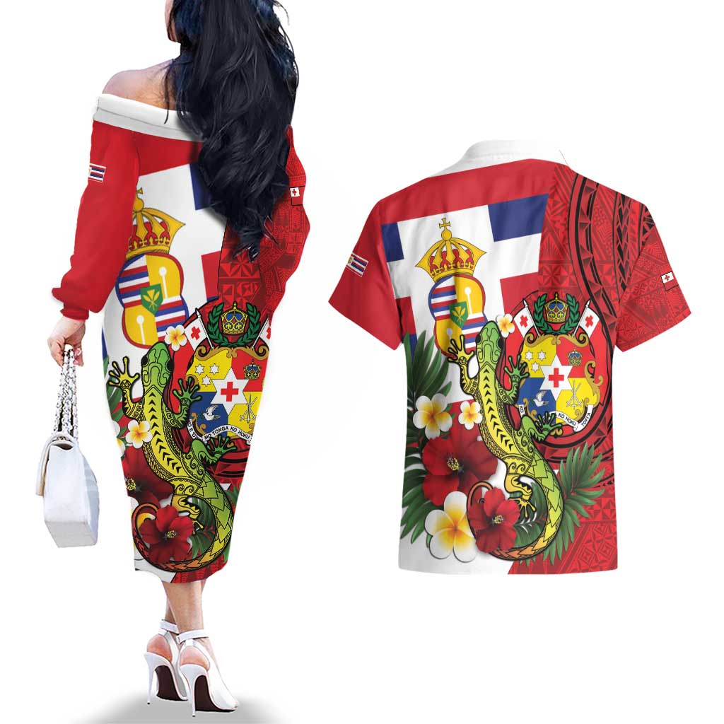 Hawaii And Tonga Couples Matching Off The Shoulder Long Sleeve Dress and Hawaiian Shirt King Kalakaua Tribal Gecko Tongan Ngatu