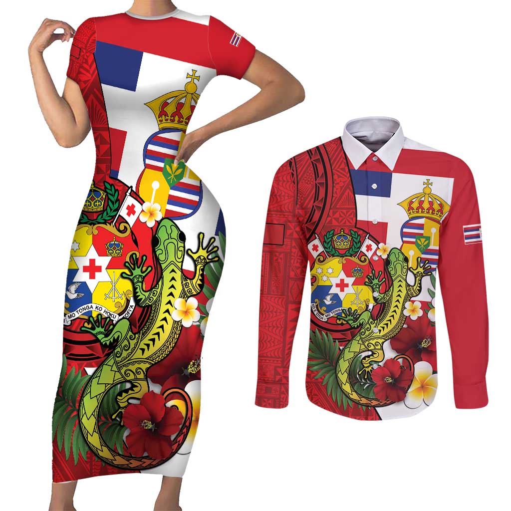 Hawaii And Tonga Couples Matching Short Sleeve Bodycon Dress and Long Sleeve Button Shirt King Kalakaua Tribal Gecko Tongan Ngatu
