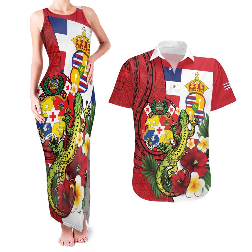 Hawaii And Tonga Couples Matching Tank Maxi Dress and Hawaiian Shirt King Kalakaua Tribal Gecko Tongan Ngatu