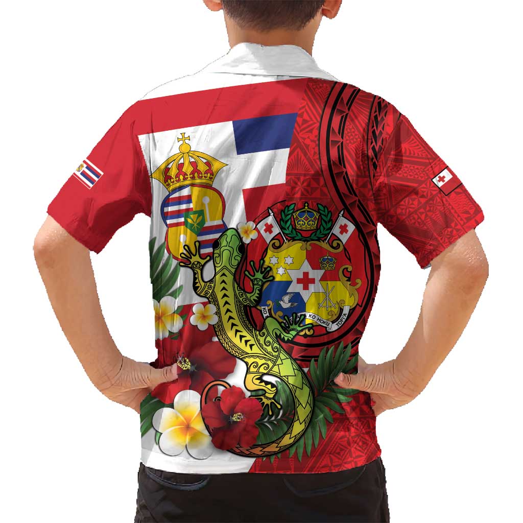 Hawaii And Tonga Family Matching Long Sleeve Bodycon Dress and Hawaiian Shirt King Kalakaua Tribal Gecko Tongan Ngatu LT14 - Polynesian Pride