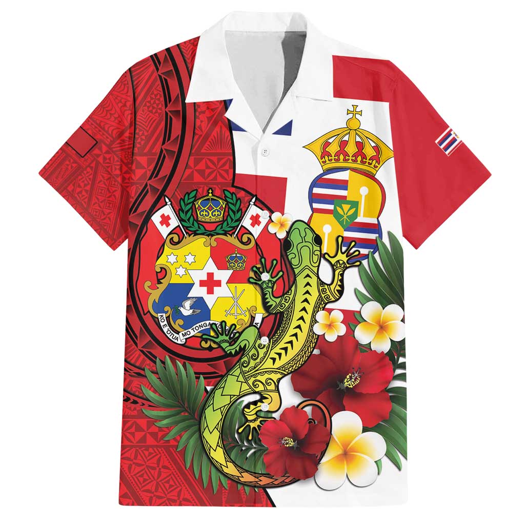 Hawaii And Tonga Family Matching Long Sleeve Bodycon Dress and Hawaiian Shirt King Kalakaua Tribal Gecko Tongan Ngatu LT14 Dad's Shirt - Short Sleeve Red - Polynesian Pride