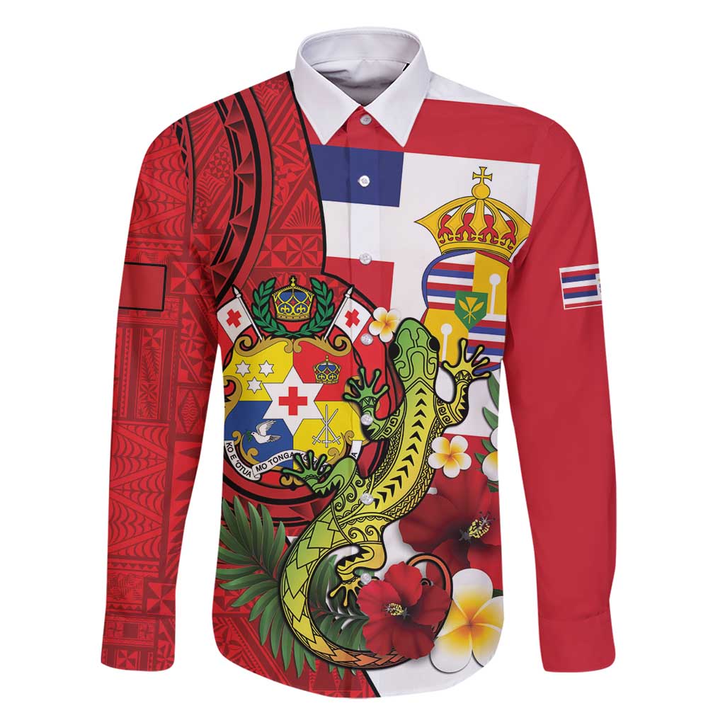 Hawaii And Tonga Family Matching Long Sleeve Bodycon Dress and Hawaiian Shirt King Kalakaua Tribal Gecko Tongan Ngatu LT14 Dad's Shirt - Long Sleeve Red - Polynesian Pride