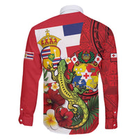 Hawaii And Tonga Family Matching Long Sleeve Bodycon Dress and Hawaiian Shirt King Kalakaua Tribal Gecko Tongan Ngatu LT14 - Polynesian Pride