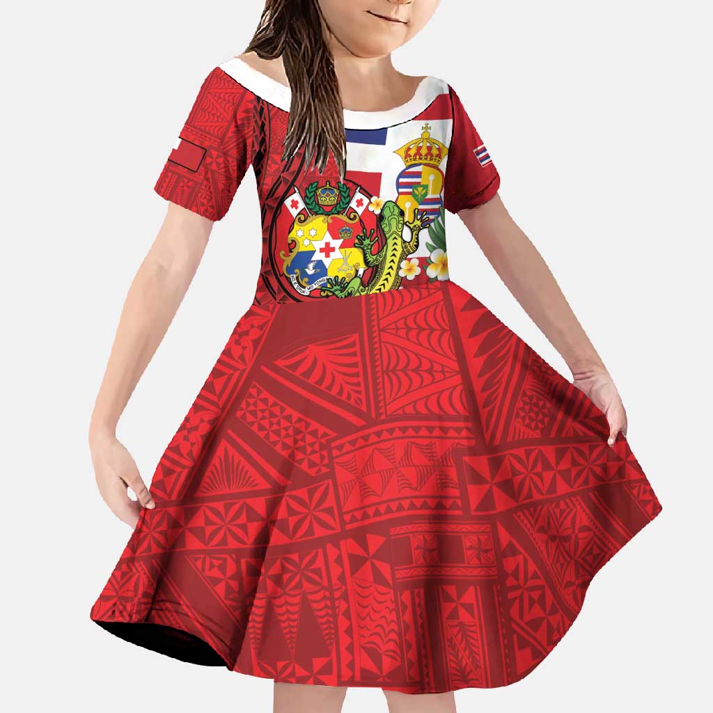 Hawaii And Tonga Family Matching Mermaid Dress and Hawaiian Shirt King Kalakaua Tribal Gecko Tongan Ngatu LT14 Daughter's Dress Red - Polynesian Pride