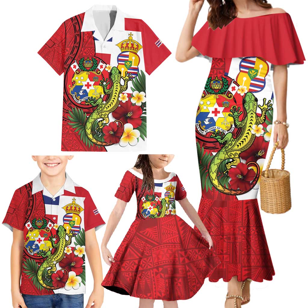 Hawaii And Tonga Family Matching Mermaid Dress and Hawaiian Shirt King Kalakaua Tribal Gecko Tongan Ngatu LT14 - Polynesian Pride