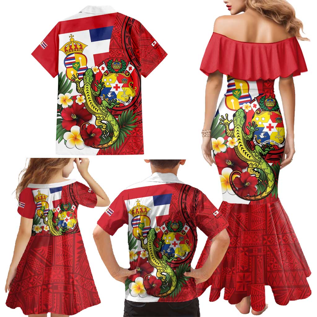 Hawaii And Tonga Family Matching Mermaid Dress and Hawaiian Shirt King Kalakaua Tribal Gecko Tongan Ngatu LT14 - Polynesian Pride