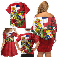 Hawaii And Tonga Family Matching Off Shoulder Short Dress and Hawaiian Shirt King Kalakaua Tribal Gecko Tongan Ngatu